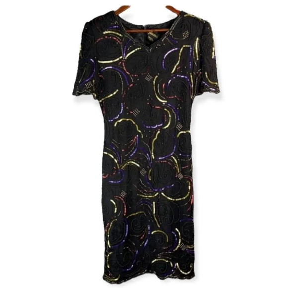 VINTAGE Glamour Silk Sequinned Beaded Dress Black Cocktail Shoulder Pads Size S - Picture 2 of 12